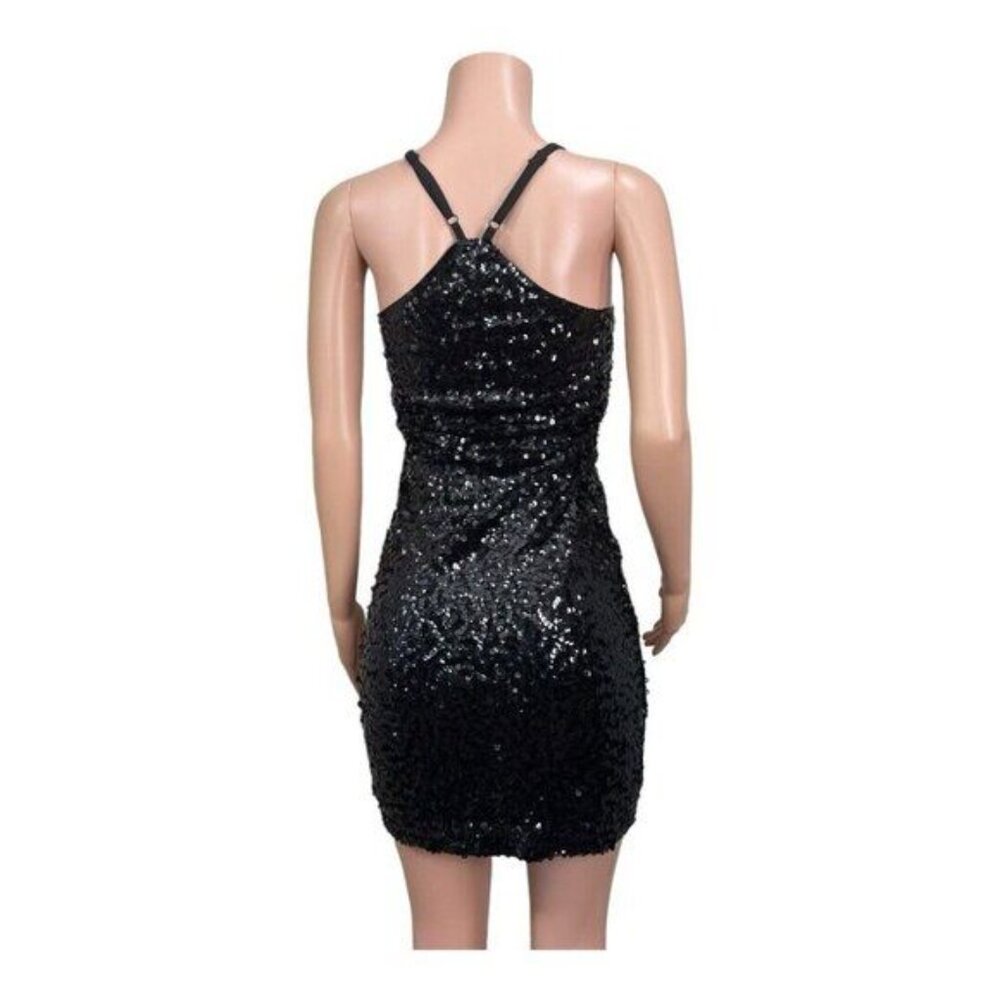 Black Sequin Mini Bodycon Dress With Adjustable Spaghetti Straps - Picture 9 of 13